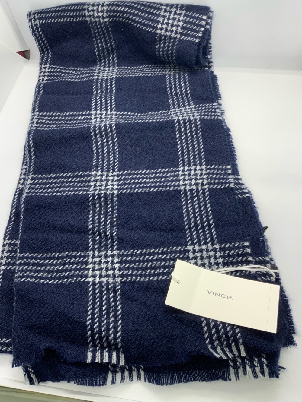 VINCE Classic Navy Plaid Winter Scarf - Women - Picture 3 of 5